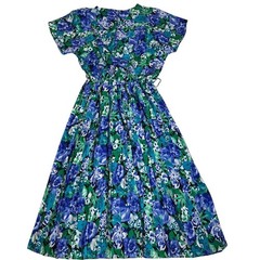 90s Vintage Floral Prairie Midi Dress Blue Green Pleated Skirt USA Made Large 12