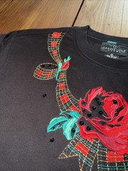 CAROLE LITTLE Black Knit Top Sz S Red Rose Embroidery Sequins LS