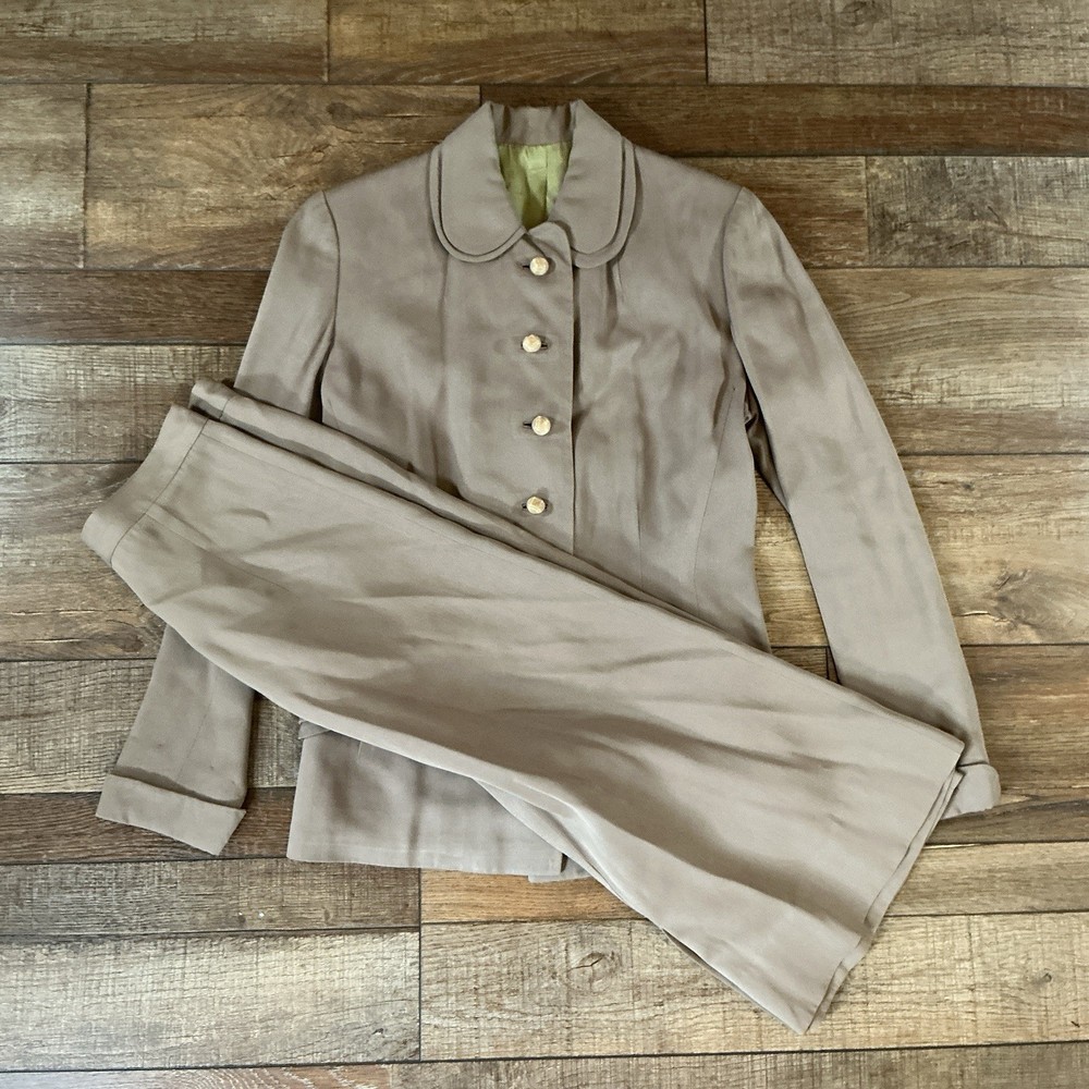 40s 50s VINTAGE Ruth Taupe Suit Jacket Midi Skirt Set Green Lining Size XS #45E3