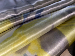 VTG HALSTON Satin SHINY FLORAL SILVER YELLOW LOUNGE PANTS BUTTON UP TOP PJS L 44
