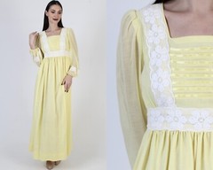 Vintage 70s Yellow Prairie Dress Long Peasant Prairiecore Saloon Monochrome Gown