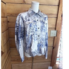 Vintage Newspaper Print Jacket Womens Large Blue White Avant Garde Jillian Tracy