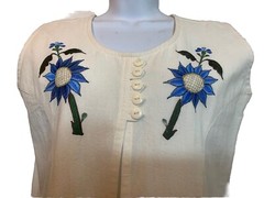 Ivory Muslin Maxi Dress Blue Embroidered Flowers S 100% Cotton Beach Coastal Y2K