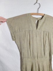 Vtg 50s Cotton Bias Dress Hand Stitched Gray Yellow Gingham Check 25w Sheer Thin
