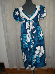 Vtg 70s WALTAH CLARKES Navy White Blue Floral Hawaiian Muu Muu Midi Nice Dress M