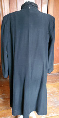 1940s LADIES BLACK WOOL SWING COAT W/CURLY PERSIAN LAMB & HOLLYWOOD DRAPE STRAPS