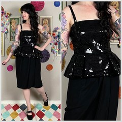 Vintage 1980s Sleeveless Black Sequins Peplum Cocktail Dress | 28″ Waist