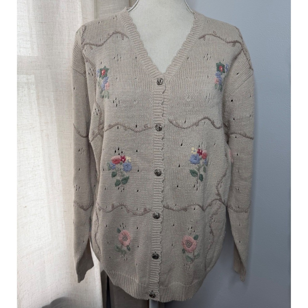 90s Vintage Northern Reflections Floral Embroidered Cardigan Sweater Medium
