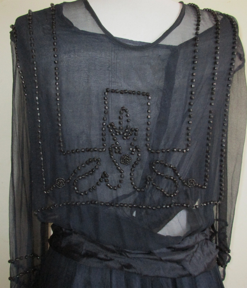 Vintage/Antique 1920’s Art Deco Black Silk Chiffon Jet Beaded Flapper Dress