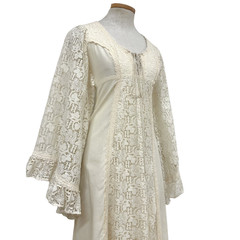 Vintage 1970s Angel Sleeve Ivory Lace Cottagecore Style Maxi Dress Cutout Label