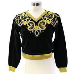 90s Vintage Metallic Gold Art Deco V Neck Sweater Womens S Holiday Party Disco