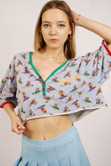 80s Teddy Bear Crop Top (XL) blue white vintage womens Avon striped kidcore cute