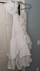 Vintage Alyce Designs 80s Prom Dress 6 White Sequin Drop Waist Ruffle High Low