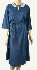 Vintage 70s Toni Todd Lace Collar Blue Lounge House Dress Belted Plus XXL