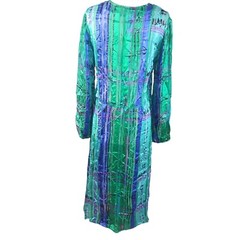 Vintage Anne Crimmins UMI 100% Silk Midi Dress Green Blue Bell Sleeve Size 8