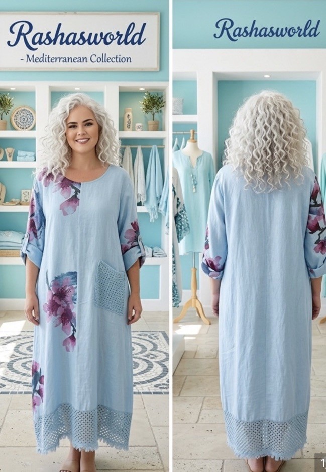 100% Linen Rashasworld Blue Flowers Embellished Long Gorgeous Dress Italy O/S
