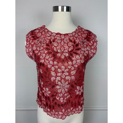 Vintage Beaded Sleeveless Blouse Size M Red White Sequins Scalloped Lace 1940s