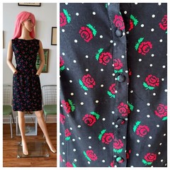 Vtg 80s Adrienne Vittadini 100% Cotton Black Button Back Punk Red Roses Dress L