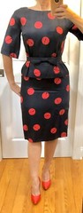VTG 1950s GRAPHIC RED Geo Print *SILK PEPLUM WIGGLE DRESS w/BOW BELT Leslie Fay