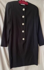 VINTAGE BONWIT TELLER, WOMEN’S 4 LBD WOOL BLACK SHEATH DRESS, RHINESTONE BUTTONS