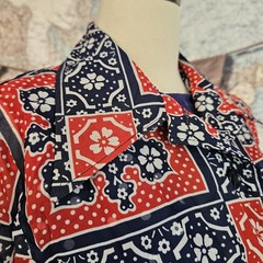 Vintage 1970s Blouse Top Shirt Red White Blue Bandana Print Pointed Collar
