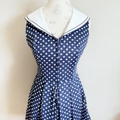 Vintage Navy White Star Fit & Flare Dress Small Retro Pin Up Sailor Rockabilly