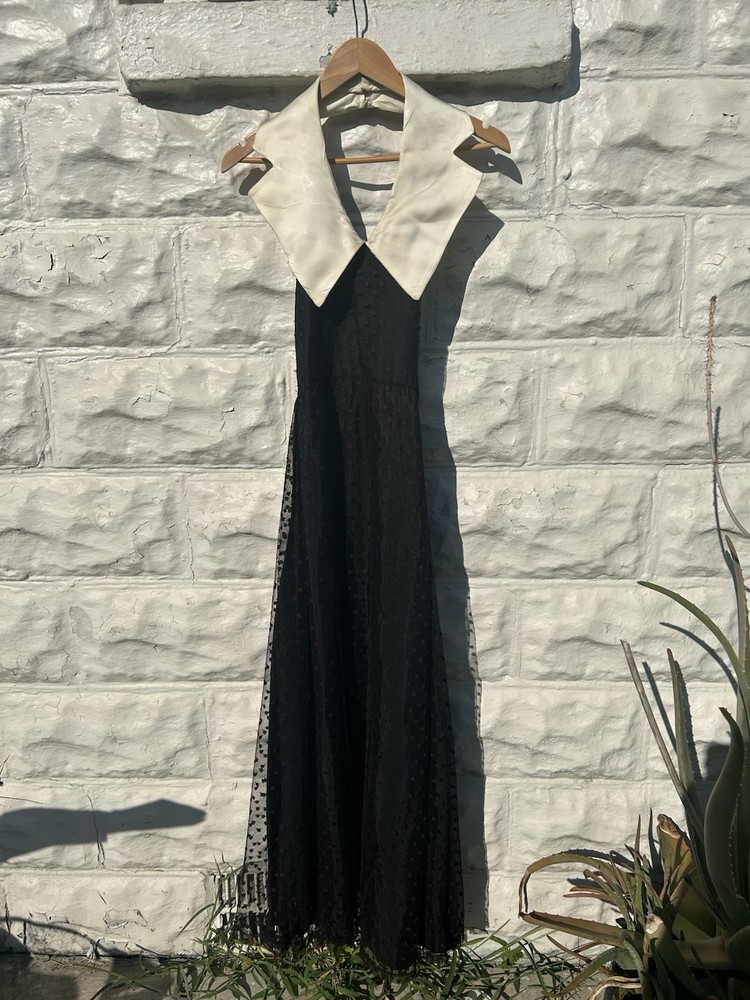 Vintage 1960’s Dress Women’s Black Polka Dot Lace Halter Maxi Gown