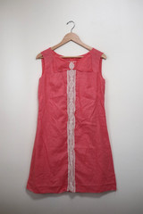 60s Vintage Pink Cotton Gauze White Lace Sleeveless A-line House Dress Women M L