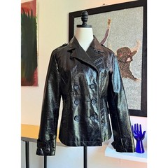 Vintage Y2K Black Vinyl Jacket | Double Breasted Moto | Cropped Tailored Fit | S