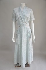 Vintage 1940s Pale Blue Floral Dressing Gown Dress Front Pockets, Wrap Style XS