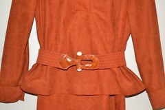 Vintage Rust Orange/Brown Long sleeve peplum Skirt Top belted suit set, sz 8