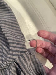 40s-50s GREY STRIPED SEERSUCKER FITTED DAY DRESS W LUCITE GOLD FLECK BUTTON M- L
