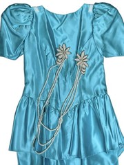 VNTG 80s Alfred Angelo Blue Satin Gown Dress Puff Sleeves Appliqués Faux Pearl