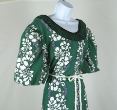 VTG 1960s 70 LUCKY YOU HAWAII FLORAL MUUMUU DRESS GREEN WHITE PURPLE COTTON POLY