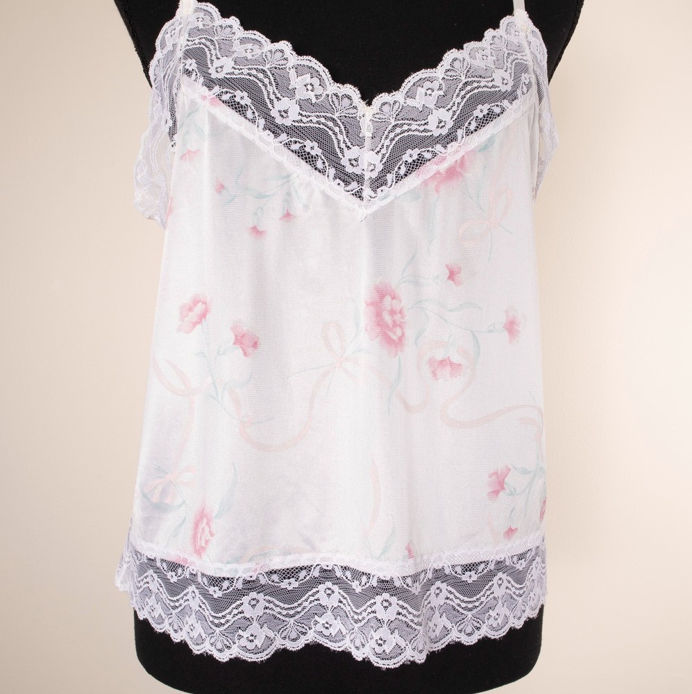 VTG BESTFORM Cami Tank Top Floral White Slip M Adjust Strap Nylon Lace 38 NWOT