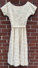 VINTAGE 1950’s IVORY COTTON W/ WHITE FLORAL FLOCKED DESIGN & RHINESTONES DRESS
