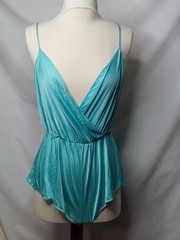 Vintage Aqua Satin Teddy Romper Lingerie Draped Wrap One Piece S/M Y2K Fairycore