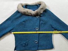Vintage 1960’s 2 Piece Wool Teal Blue Suit Dress Fur Collar Union Made Dapper