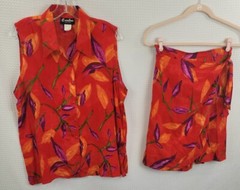 Vintage 2 Piece Caribou New York Wrap Style Coulotte(M) & Blouse(L) Red Floral