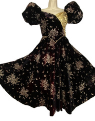 Vintage 1980s velvet moon dress puffed sleeve formal novelty print black gold S