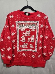 80’s Red Christmas Holiday Sweatshirt Skating Bears Winter Snow Puff Paint LG