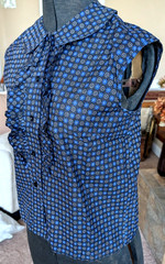 Vintage 1950s Navy Blue w/ pattern Cotton Sleeveless Blouse 1960s