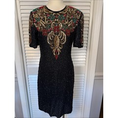 VTG Scala Silk Fully Beaded Sequin Cocktail Dress Floral Black Size Medium