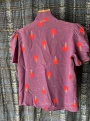 Vintage 1980s Charles Bianco Purple Red Tie Neck Blouse 100% Silk Short Sleeves