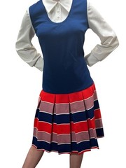 Vtg 60s 14 Sz M~L Dress Red White blue Textured Poly Drop Waist Dagger Collar