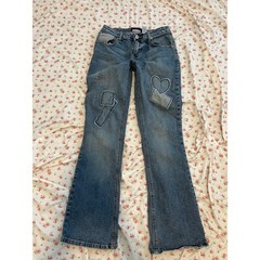 vintage low rise heart patchwork bootcut flare jeans