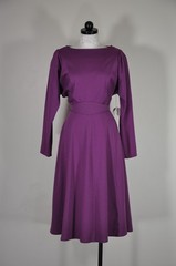 70s Vintage Purple Wool Knit Jersey Puff Sleeve Belt Full Skirt Dress Women M L