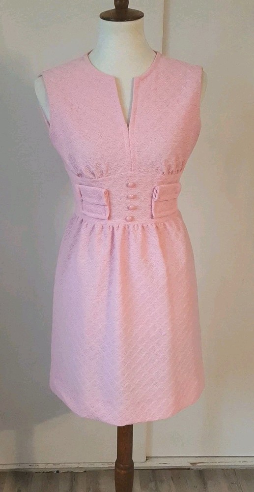 Vtg 60s70s Mod Gogo Mini Party Dress Pink Textured Sz9 Petite Carol Brent