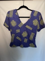 Vintage 90s IN2 Crop Top Womens Small Purple Green Batik Cotton V-Neck Made USA