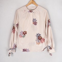 Amanda Womens Blouse 7/8 Pink Floral Satin Tie Cuff Feminine Vintage *